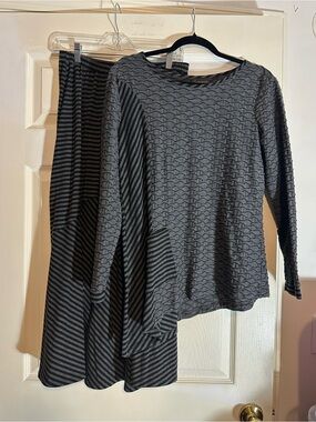 Apropos Women’s Gray Textured Long Sleeve Top & Striped Skirt Set